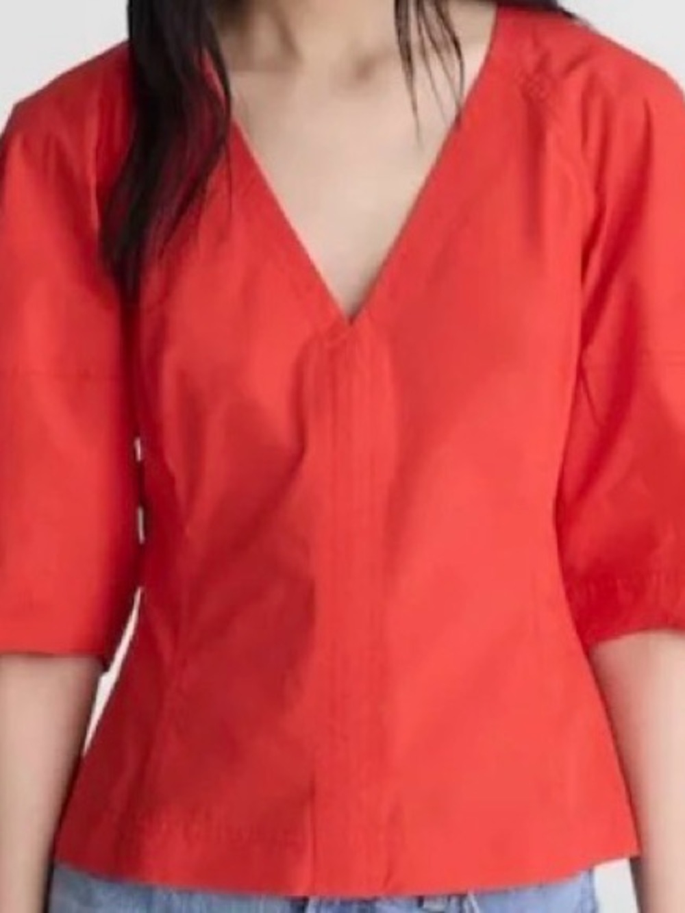 Madewell Bright Red V-Neck Short Barrel Sleeve Blouse
